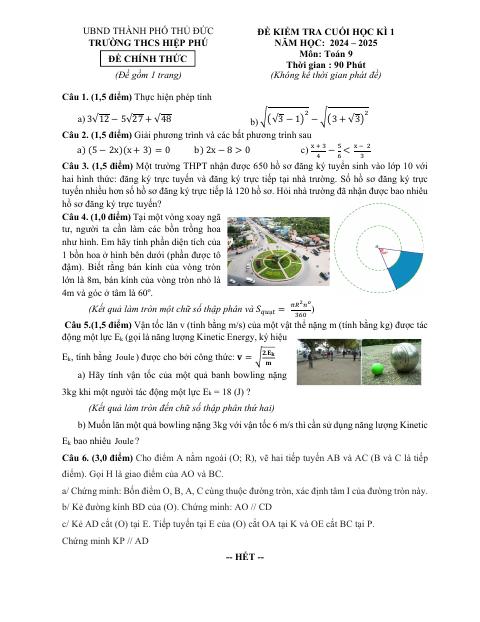 Đề thi Học kì 1 Toán 9 năm 2024-2025 trường THCS Hiệp Phú (TP Hồ Chí Minh)